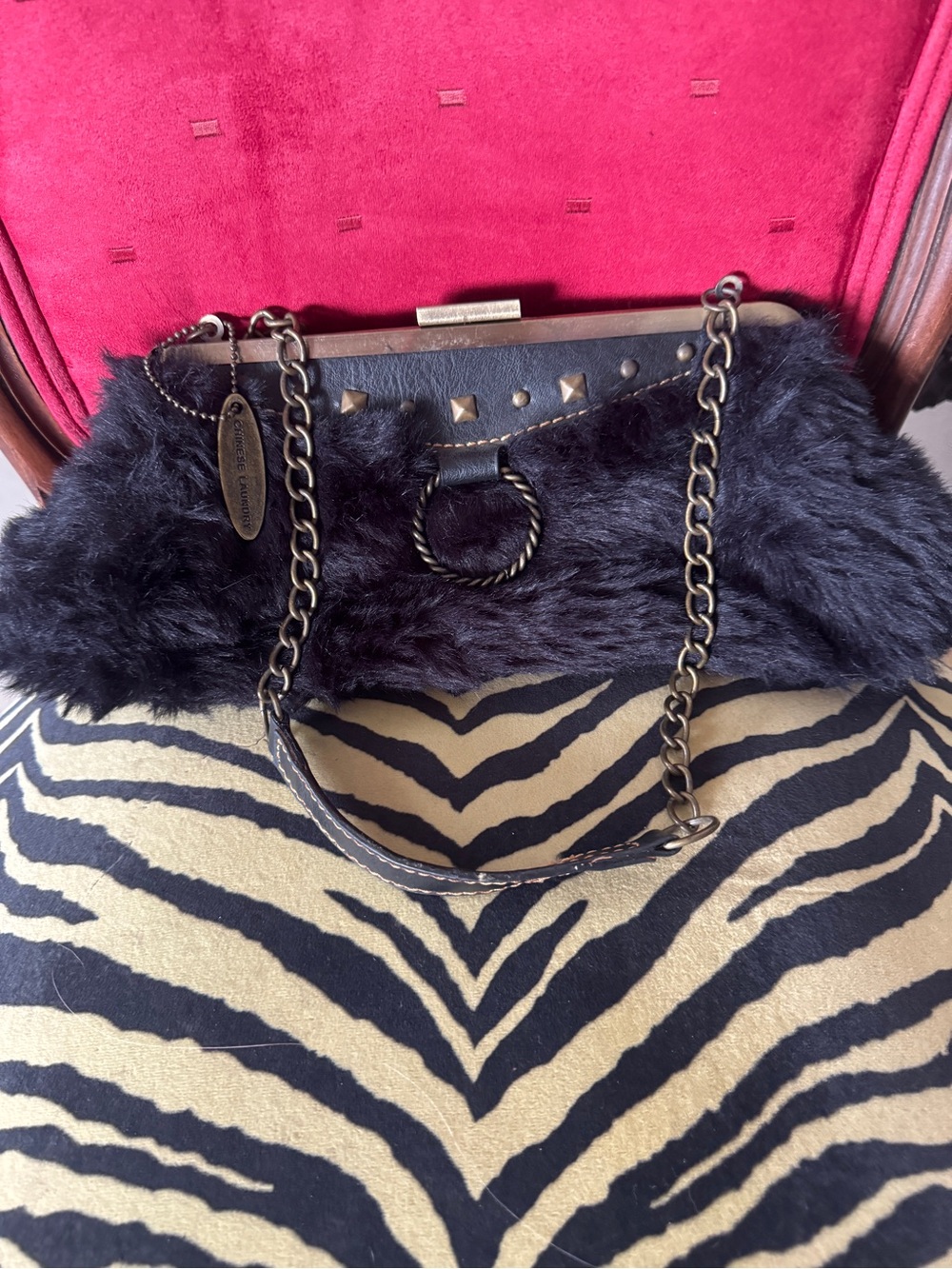 Vintage Y2K Chinese Laundry Faux Fur Studded Kisslock Clutch Crossbody Bag